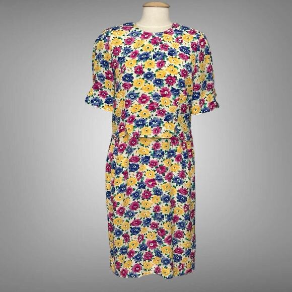 Vintage 80s Leslie Fay Women Dress 12P Spring Floral Classic Secretary Old Money - Picture 1 of 16